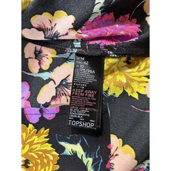 Topshop Floral Wrap Blouse Womens Size 10 Black Yellow Preppy Classic NWT - Picture 9 of 12